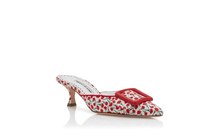 Women Mules Manolo Blahnik MAYSALEBI Red Cotton Floral Pattern Mules