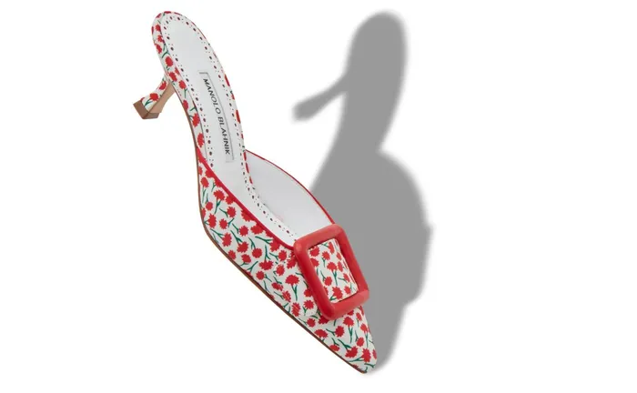 Women Mules Manolo Blahnik MAYSALEBI Red Cotton Floral Pattern Mules Women Mules Manolo Blahnik MAYSALEBI Red Cotton Floral Pattern Mules