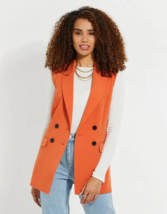 Women Orange Longline Sleeveless Blazer Orange Threadbare Blazers