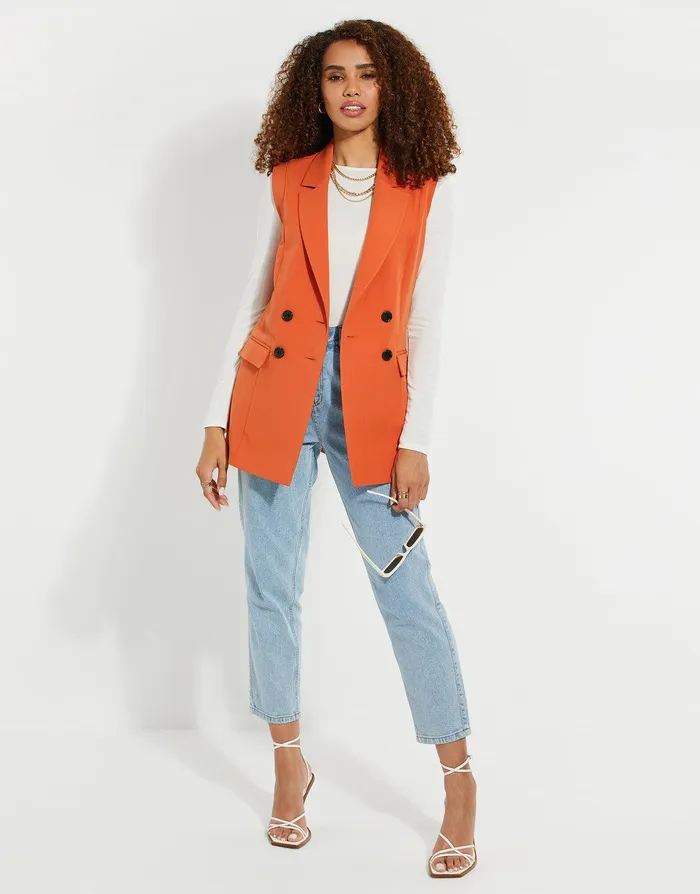 Women Orange Longline Sleeveless Blazer Orange Threadbare Blazers Women Orange Longline Sleeveless Blazer Orange Threadbare Blazers