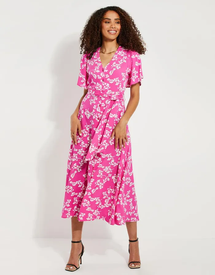 Women Pink Floral Print Flutter Sleeve Midi Dress Pink Floral Threadbare Dresses Women Pink Floral Print Flutter Sleeve Midi Dress Pink Floral Threadbare Dresses