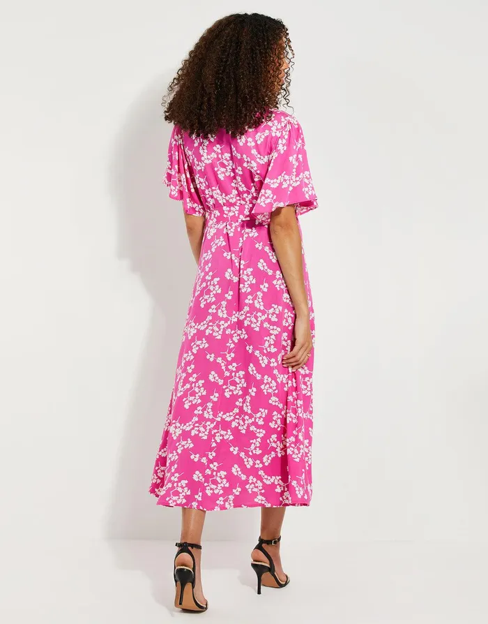 Women Pink Floral Print Flutter Sleeve Midi Dress Pink Floral Threadbare Dresses Women Pink Floral Print Flutter Sleeve Midi Dress Pink Floral Threadbare Dresses