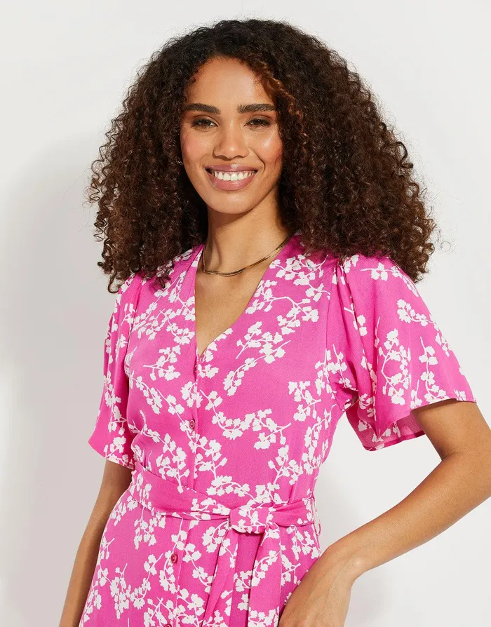 Women Pink Floral Print Flutter Sleeve Midi Dress Pink Floral Threadbare Dresses Women Pink Floral Print Flutter Sleeve Midi Dress Pink Floral Threadbare Dresses