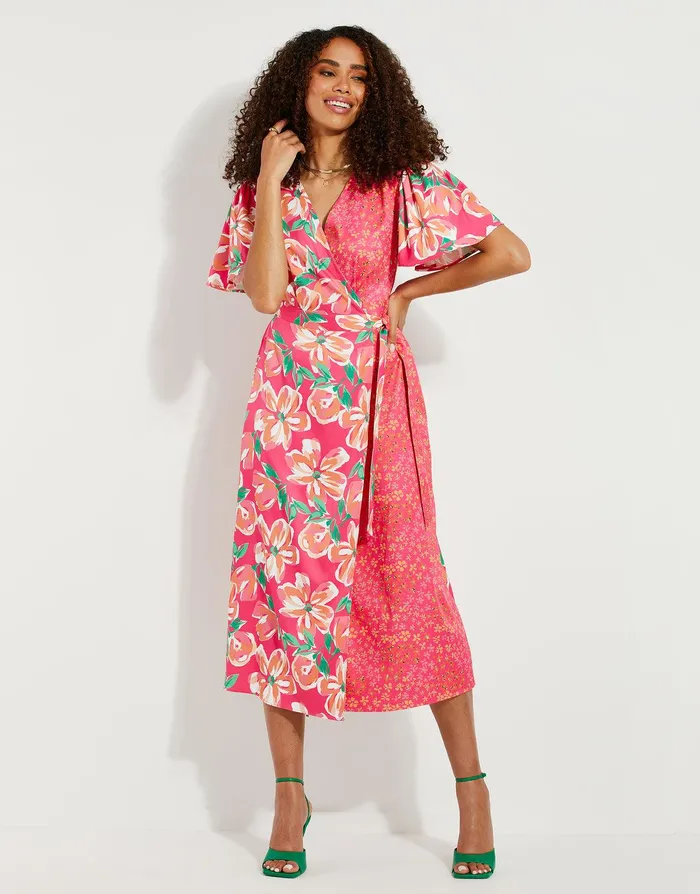 Women Pink Floral Satin Wrap Dress Pink Threadbare Dresses