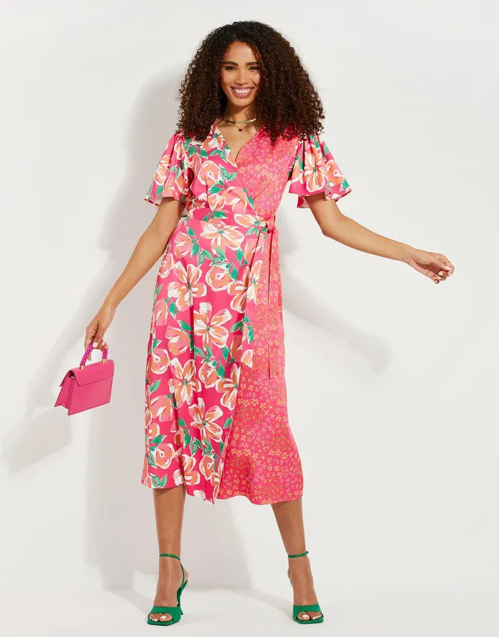 Women Pink Floral Satin Wrap Dress Pink Threadbare Dresses Women Pink Floral Satin Wrap Dress Pink Threadbare Dresses