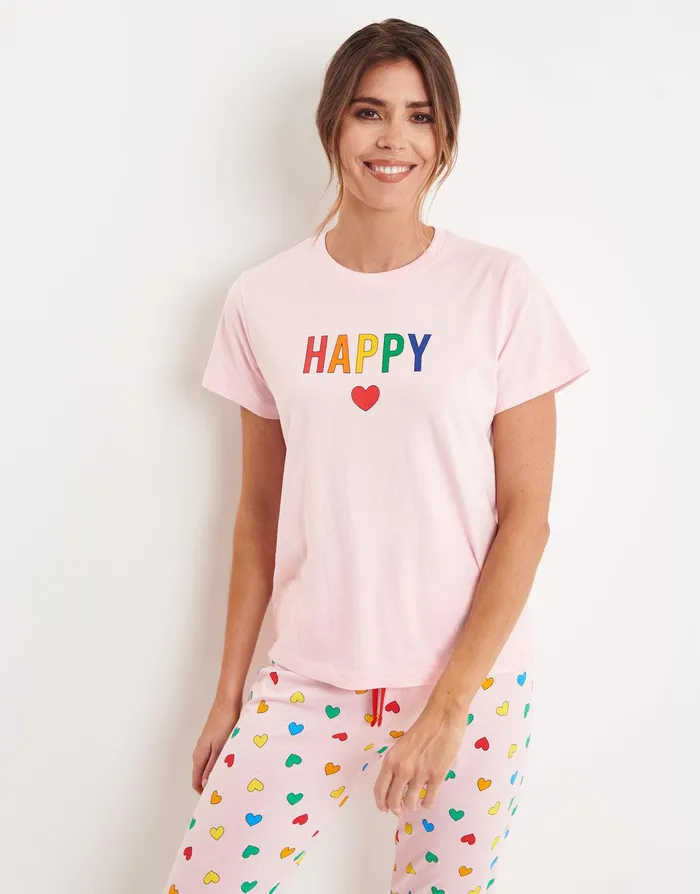 Women Pink Rainbow Hearts Pyjamas 2Piece Set Pink Threadbare Loungewear