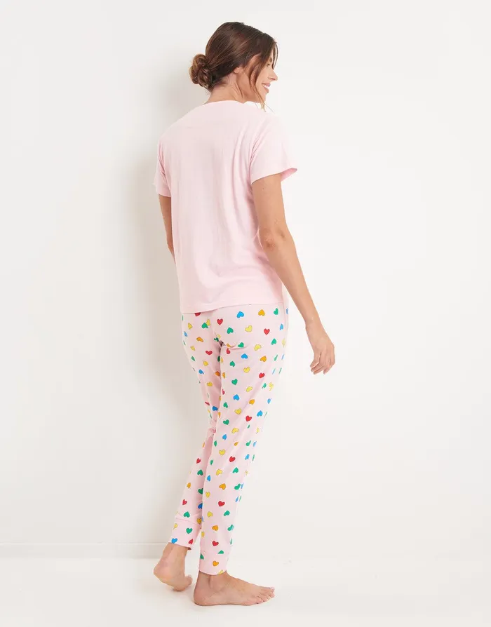 Women Pink Rainbow Hearts Pyjamas 2Piece Set Pink Threadbare Loungewear Women Pink Rainbow Hearts Pyjamas 2Piece Set Pink Threadbare Loungewear