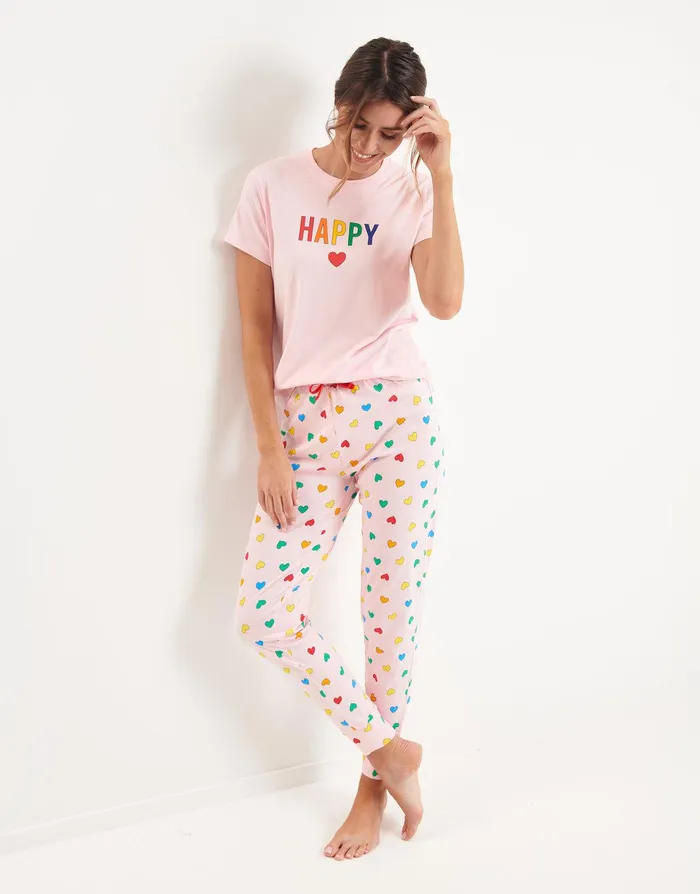 Women Pink Rainbow Hearts Pyjamas 2Piece Set Pink Threadbare Loungewear Women Pink Rainbow Hearts Pyjamas 2Piece Set Pink Threadbare Loungewear