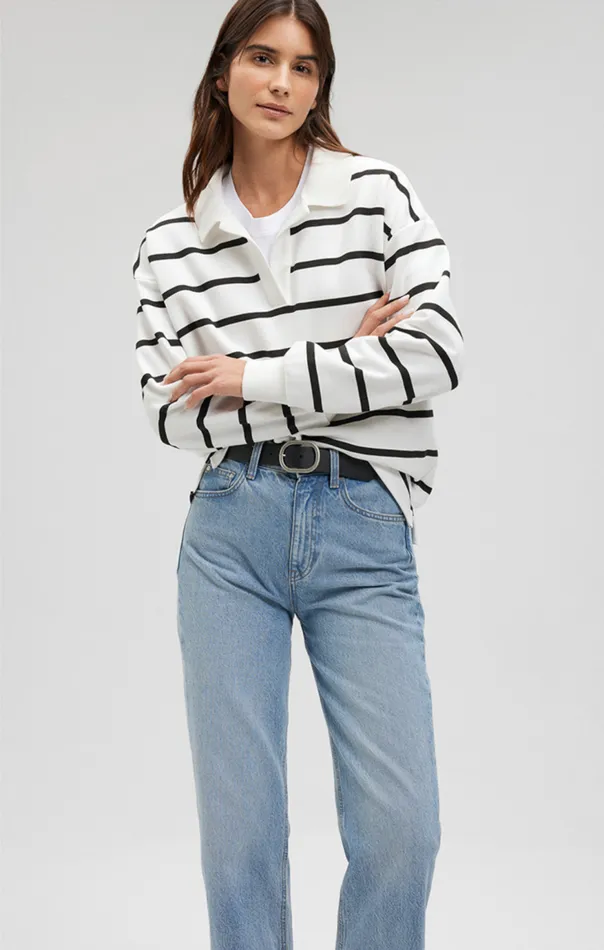 Women Polo Pullover Sweatshirt In Black Striped Mavi Jeans Sweaters