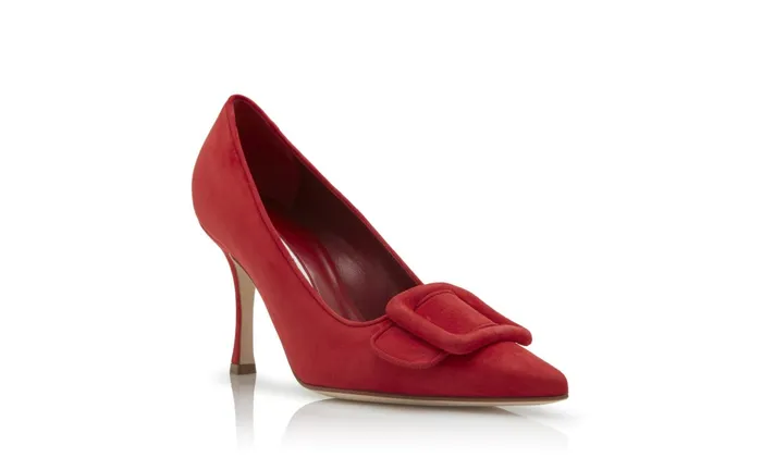 Women Pumps Manolo Blahnik MAYSALEPUMP 90 Bright Red Suede Buckle Detail Pumps Women Pumps Manolo Blahnik MAYSALEPUMP 90 Bright Red Suede Buckle Detail Pumps