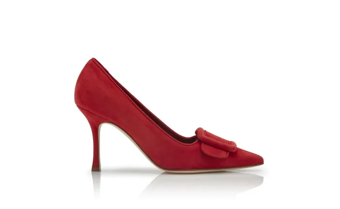 Women Pumps Manolo Blahnik MAYSALEPUMP 90 Bright Red Suede Buckle Detail Pumps Women Pumps Manolo Blahnik MAYSALEPUMP 90 Bright Red Suede Buckle Detail Pumps