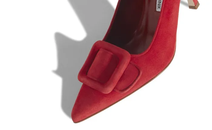 Women Pumps Manolo Blahnik MAYSALEPUMP 90 Bright Red Suede Buckle Detail Pumps Women Pumps Manolo Blahnik MAYSALEPUMP 90 Bright Red Suede Buckle Detail Pumps