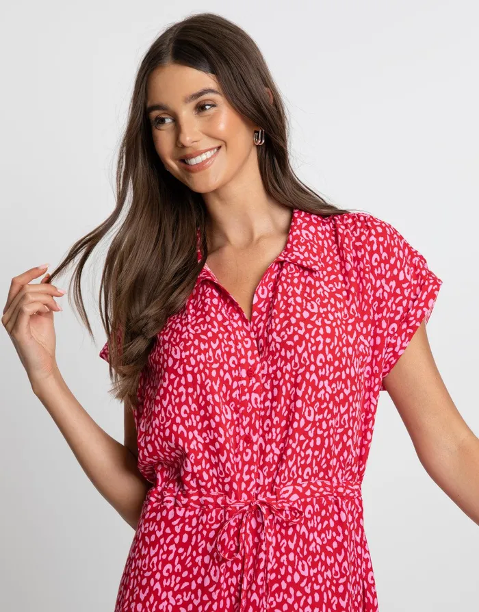 Women Red and Pink Leopard Print Shirt Style Midi Tea Dress Red Threadbare Dresses Women Red and Pink Leopard Print Shirt Style Midi Tea Dress Red Threadbare Dresses