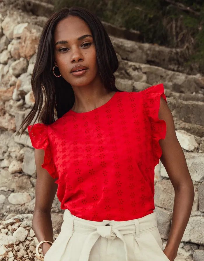 Women Red Cotton Broderie Anglaise Frill Sleeve Blouse Red Threadbare Blouses and Shirts