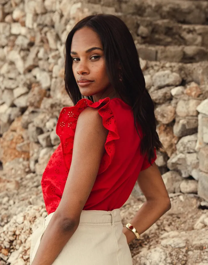 Women Red Cotton Broderie Anglaise Frill Sleeve Blouse Red Threadbare Blouses and Shirts Women Red Cotton Broderie Anglaise Frill Sleeve Blouse Red Threadbare Blouses and Shirts