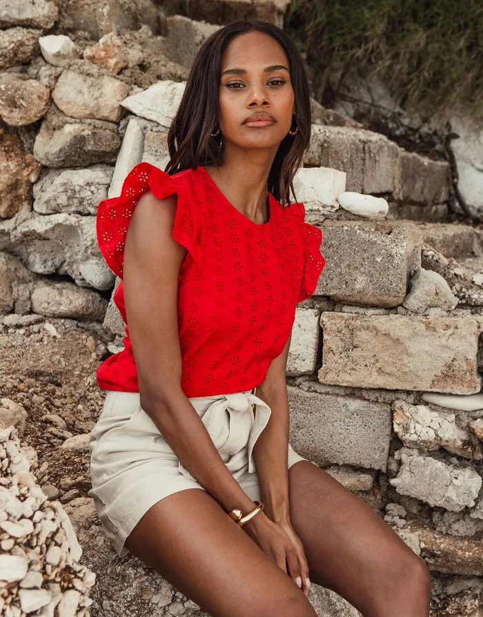 Women Red Cotton Broderie Anglaise Frill Sleeve Blouse Red Threadbare Blouses and Shirts Women Red Cotton Broderie Anglaise Frill Sleeve Blouse Red Threadbare Blouses and Shirts