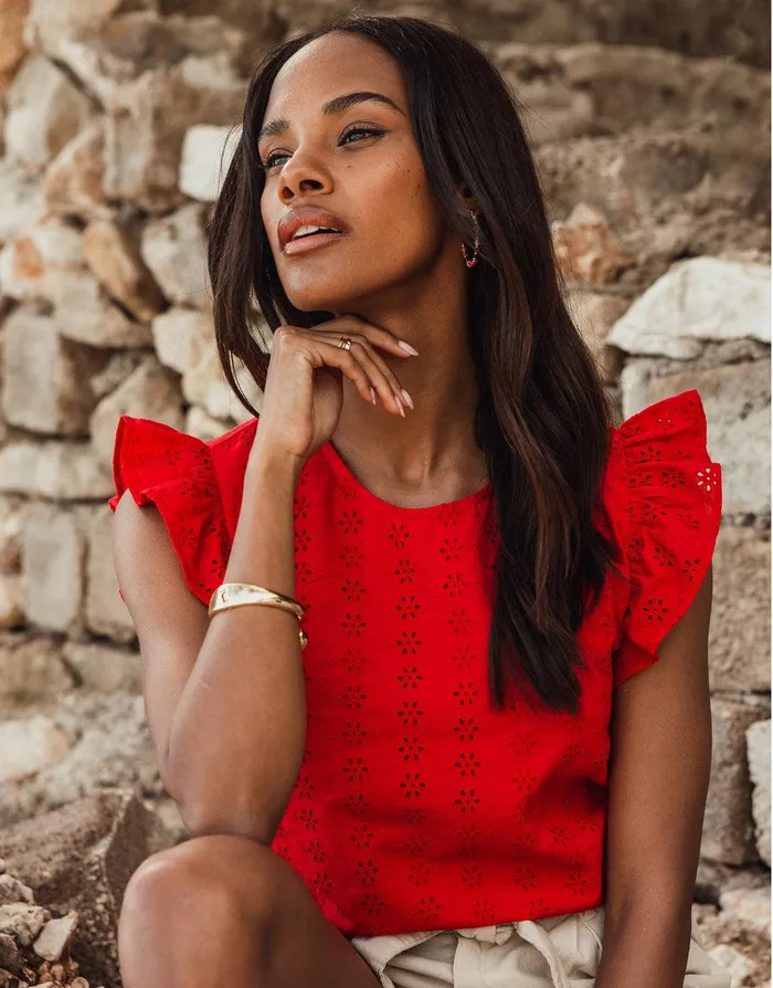 Women Red Cotton Broderie Anglaise Frill Sleeve Blouse Red Threadbare Blouses and Shirts Women Red Cotton Broderie Anglaise Frill Sleeve Blouse Red Threadbare Blouses and Shirts
