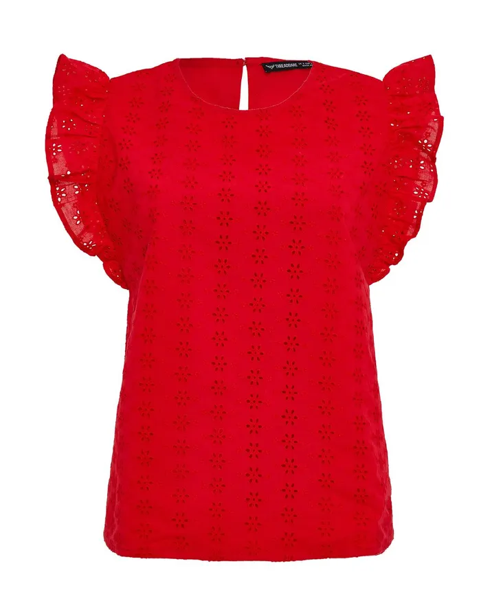 Women Red Cotton Broderie Anglaise Frill Sleeve Blouse Red Threadbare Blouses and Shirts Women Red Cotton Broderie Anglaise Frill Sleeve Blouse Red Threadbare Blouses and Shirts