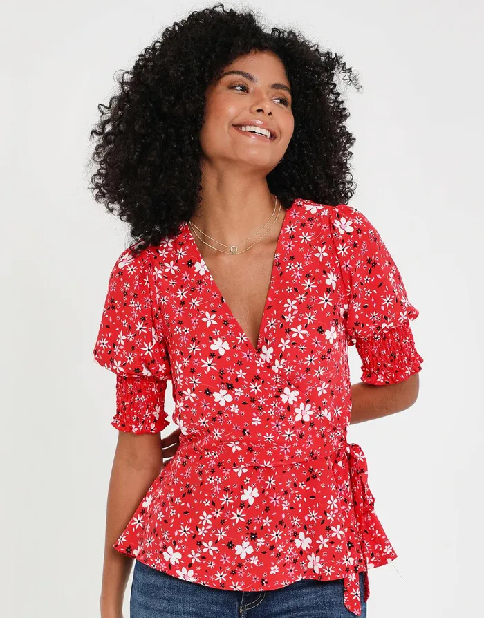 Women Red Ditsy Floral Print Short Sleeve Wrap Blouse Red Threadbare Blouses and Shirts Women Red Ditsy Floral Print Short Sleeve Wrap Blouse Red Threadbare Blouses and Shirts