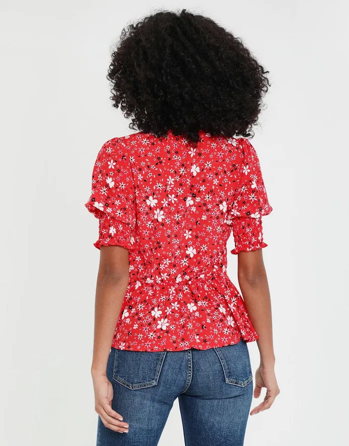 Women Red Ditsy Floral Print Short Sleeve Wrap Blouse Red Threadbare Blouses and Shirts Women Red Ditsy Floral Print Short Sleeve Wrap Blouse Red Threadbare Blouses and Shirts