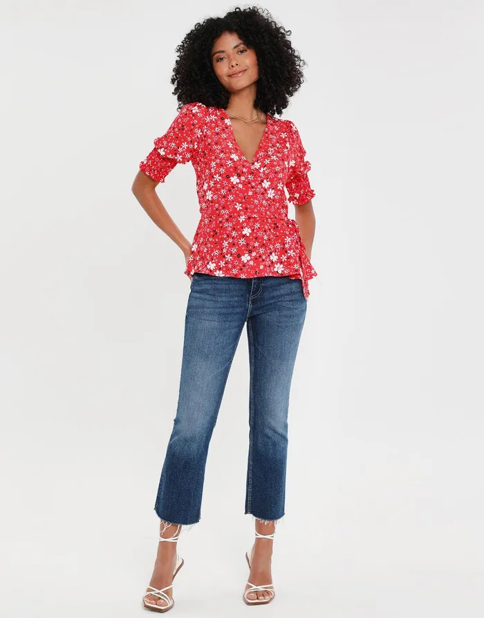 Women Red Ditsy Floral Print Short Sleeve Wrap Blouse Red Threadbare Blouses and Shirts Women Red Ditsy Floral Print Short Sleeve Wrap Blouse Red Threadbare Blouses and Shirts