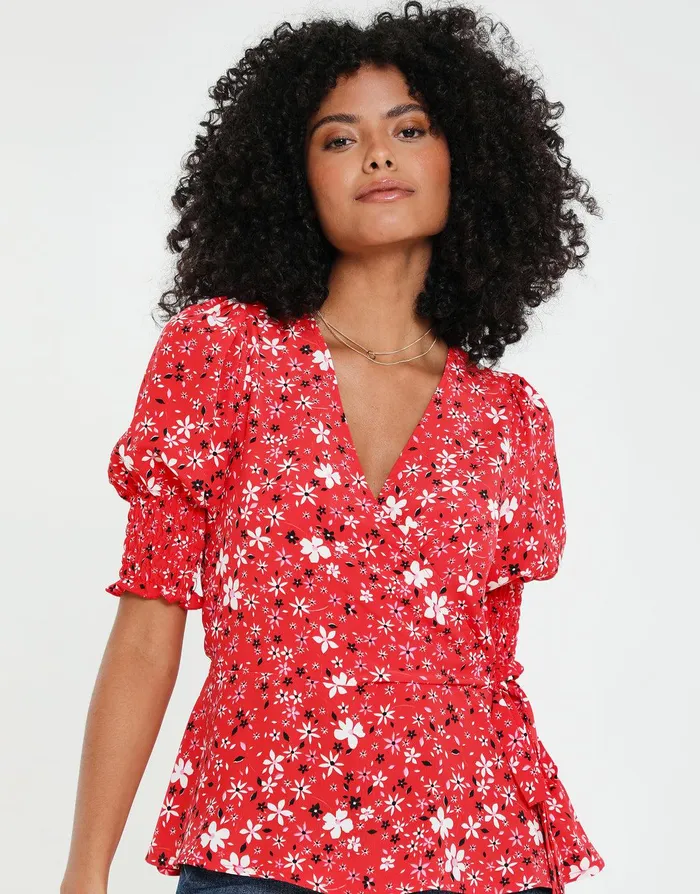 Women Red Ditsy Floral Print Short Sleeve Wrap Blouse Red Threadbare Blouses and Shirts Women Red Ditsy Floral Print Short Sleeve Wrap Blouse Red Threadbare Blouses and Shirts