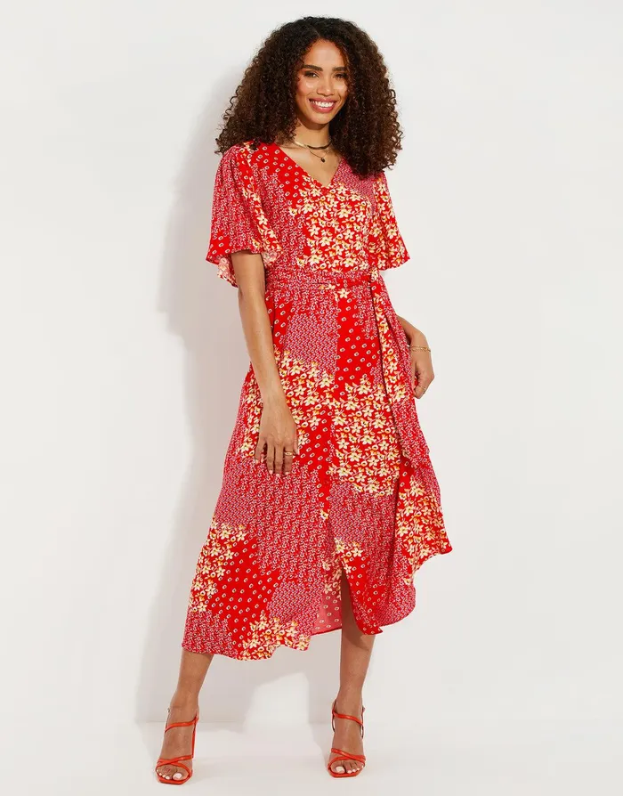 Women Red Floral Print Flutter Sleeve Midi Dress Red Threadbare Dresses