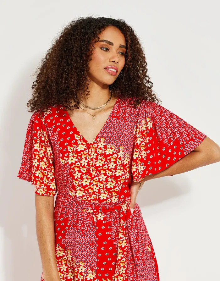 Women Red Floral Print Flutter Sleeve Midi Dress Red Threadbare Dresses Women Red Floral Print Flutter Sleeve Midi Dress Red Threadbare Dresses