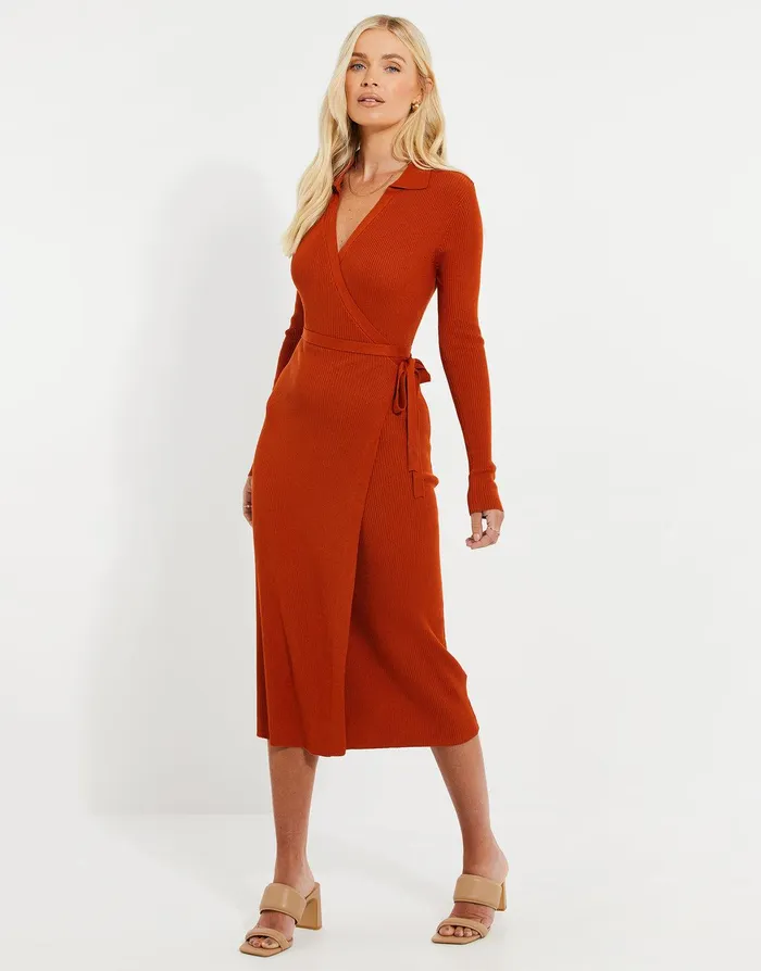 Women Rust Ribbed Wrap Tie Dress Rust Threadbare Knitwear