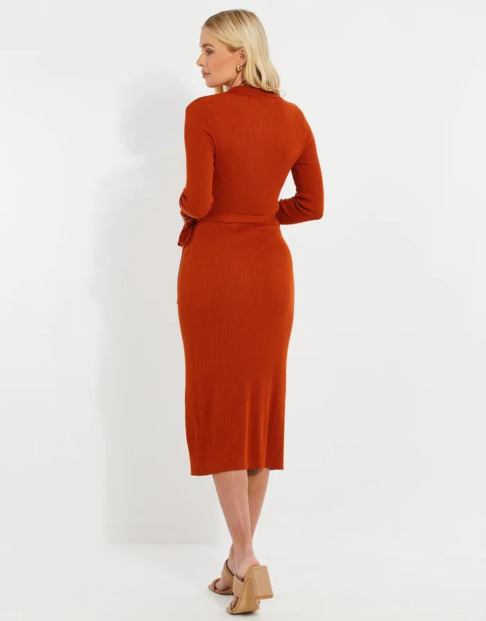 Women Rust Ribbed Wrap Tie Dress Rust Threadbare Knitwear Women Rust Ribbed Wrap Tie Dress Rust Threadbare Knitwear