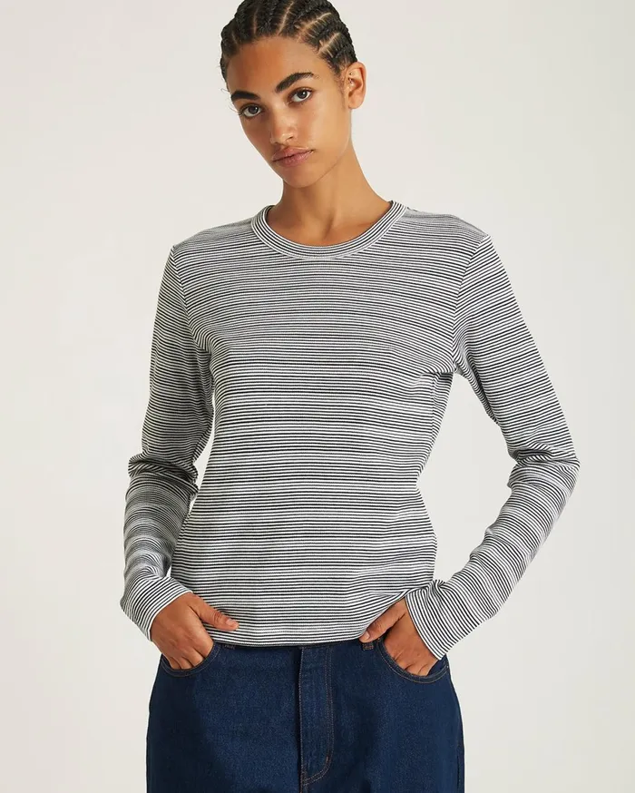 Women Saturdays NYC Tees and Knit Tops Striped Waffle LS Tee Ivory Women Saturdays NYC Tees and Knit Tops Striped Waffle LS Tee Ivory