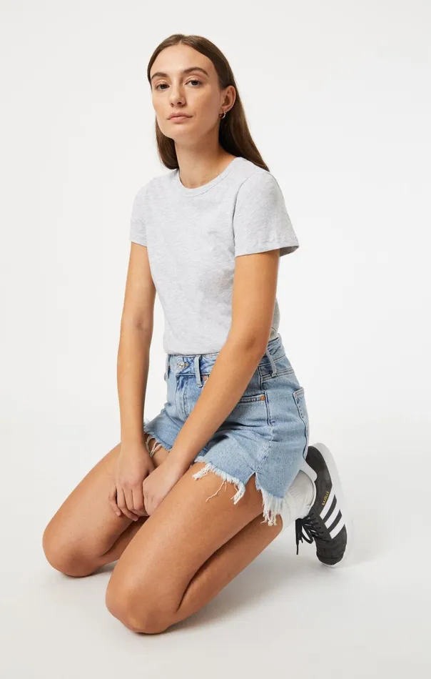 Women Slim Crew Neck TShirt In Snow Grey Melange Mavi Jeans Tops and TShirts