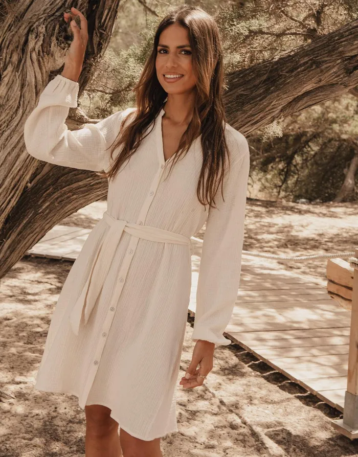Women Stone Belted Grandad Collar Cotton Crinkle Shirt Dress Stone Threadbare Dresses