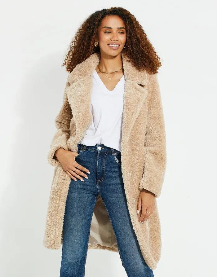 Women Stone Faux Borg Teddy Coat Stone Threadbare Jackets and Coats