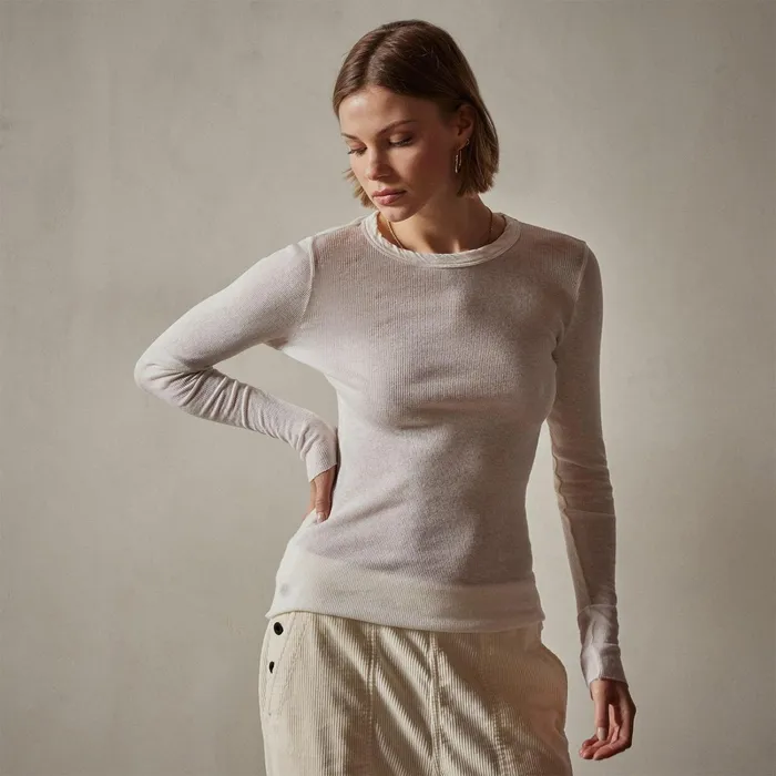 Women TShirts James Perse Cotton Cashmere Blend Ribbed Long Sleeve Crew Ivory