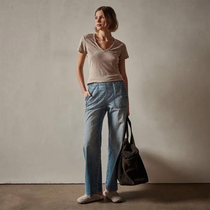 Women TShirts James Perse Sheer Slub Casual V Neck Toast