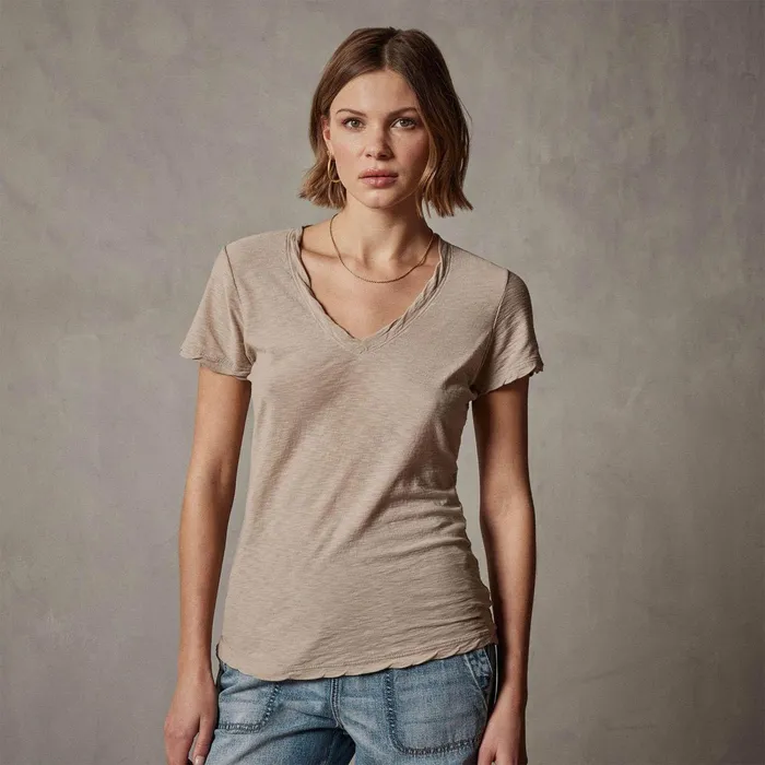 Women TShirts James Perse Sheer Slub Casual V Neck Toast