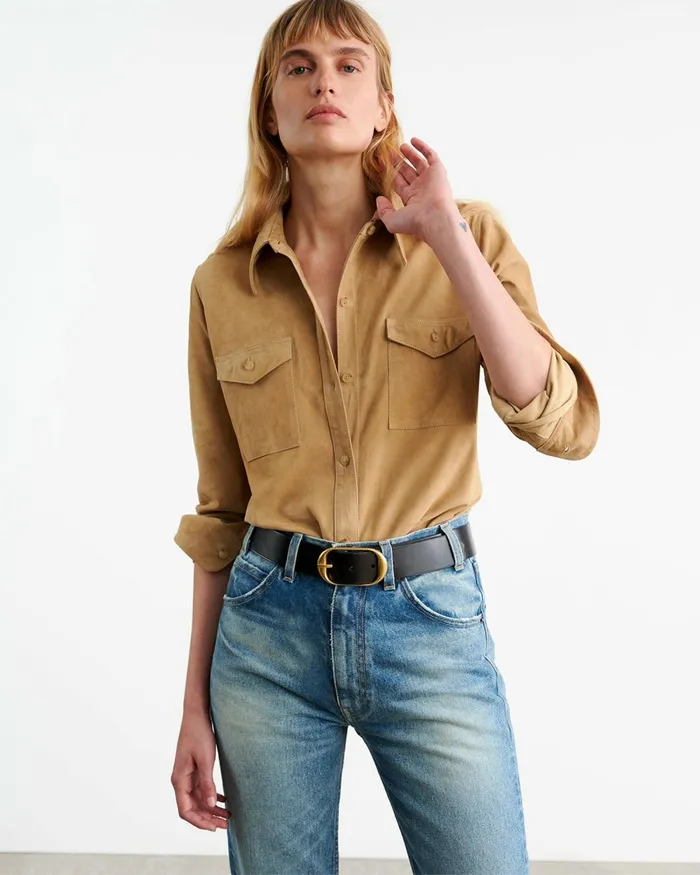 Women Tops Nili Lotan AVA SUEDE SHIRT Khaki