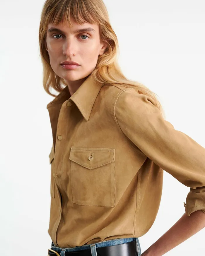 Women Tops Nili Lotan AVA SUEDE SHIRT Khaki