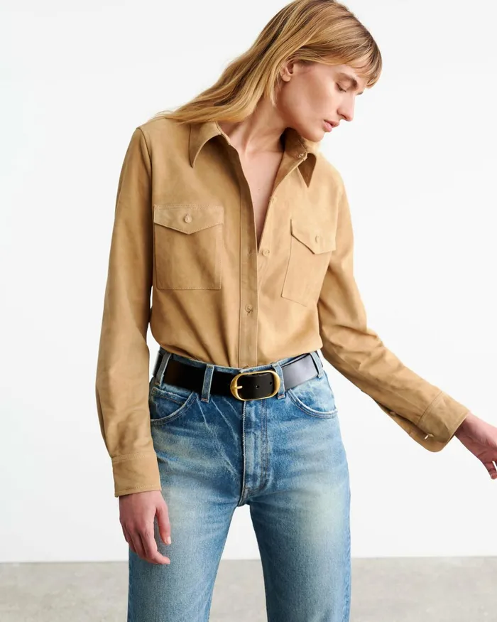 Women Tops Nili Lotan AVA SUEDE SHIRT Khaki
