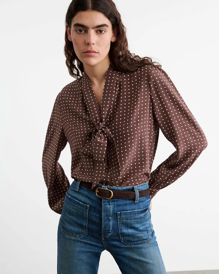 Women Tops Nili Lotan CARINA SILK BLOUSE Brownivory Dot