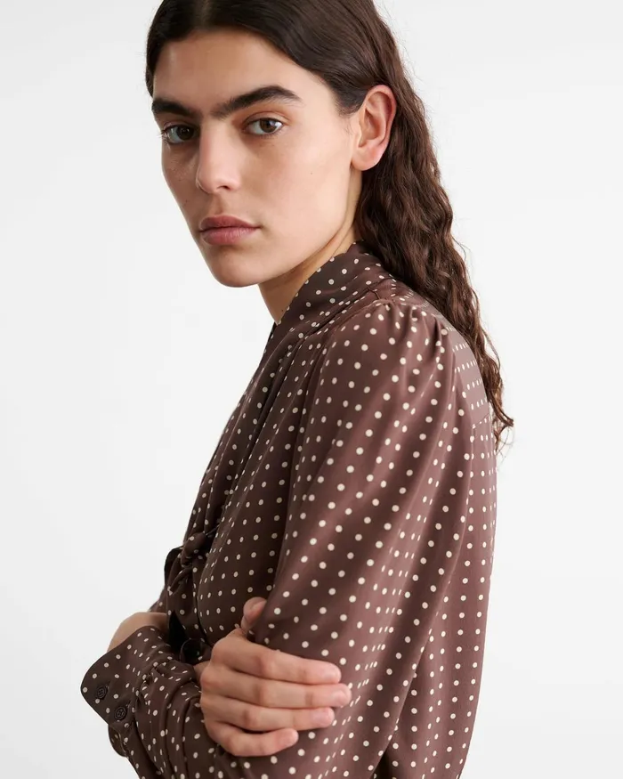 Women Tops Nili Lotan CARINA SILK BLOUSE Brownivory Dot