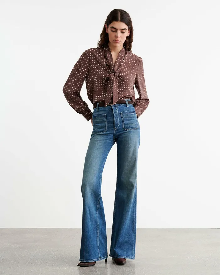Women Tops Nili Lotan CARINA SILK BLOUSE Brownivory Dot