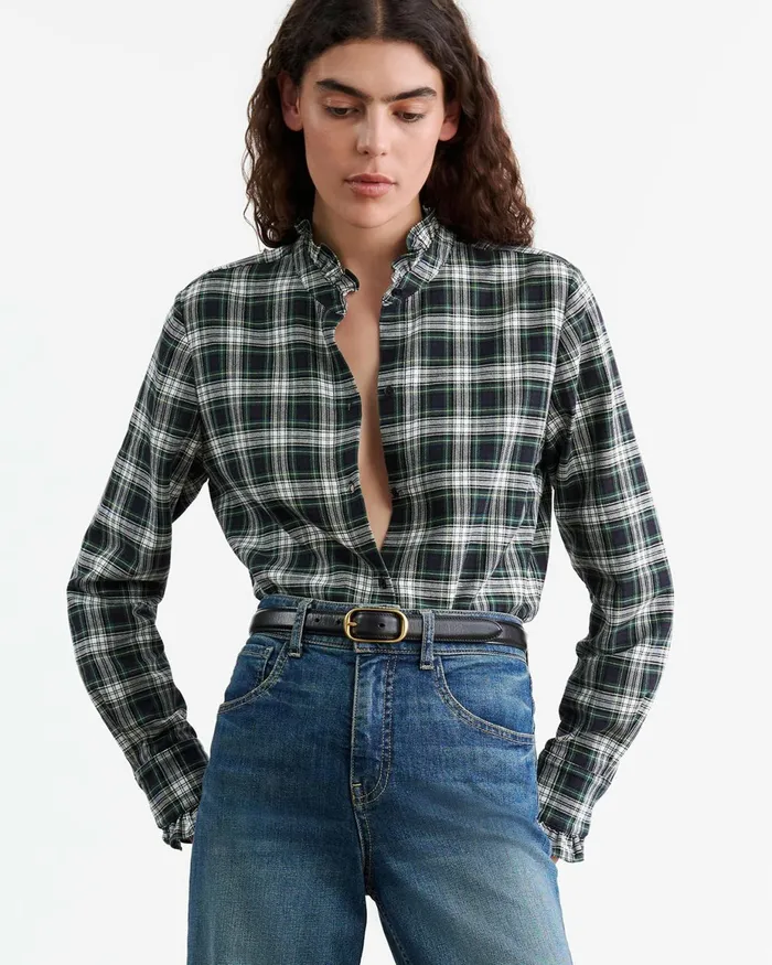 Women Tops Nili Lotan LYDIA SHIRT Ivorygreen Plaid