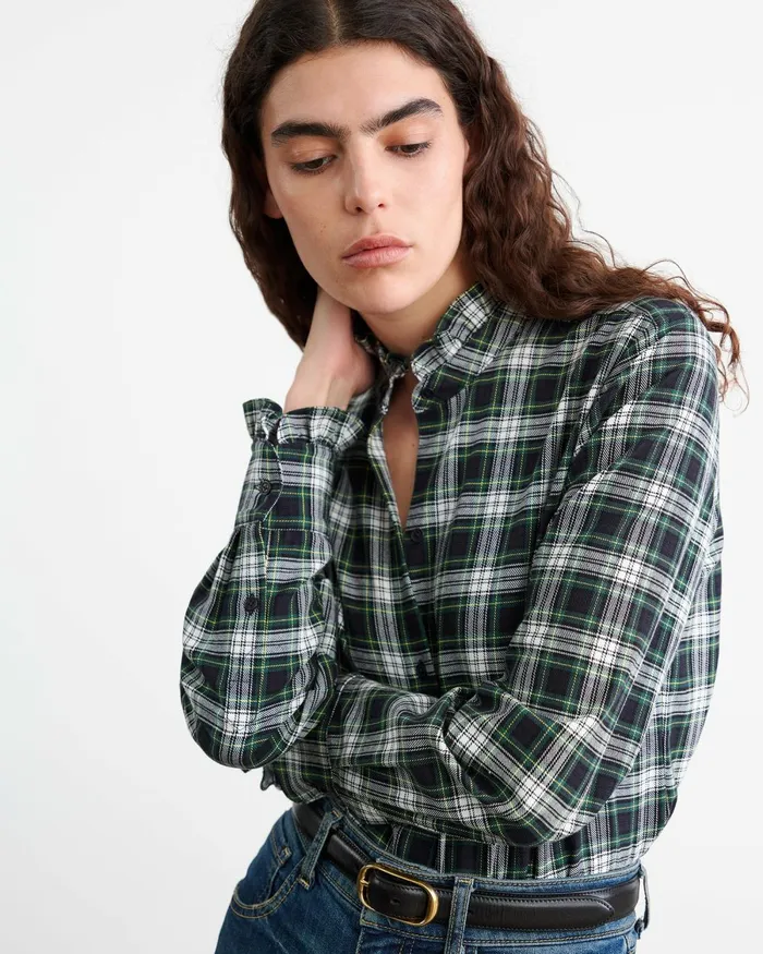 Women Tops Nili Lotan LYDIA SHIRT Ivorygreen Plaid