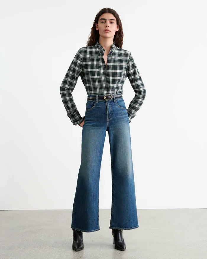Women Tops Nili Lotan LYDIA SHIRT Ivorygreen Plaid