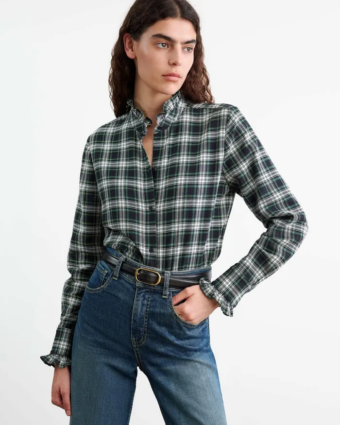 Women Tops Nili Lotan LYDIA SHIRT Ivorygreen Plaid
