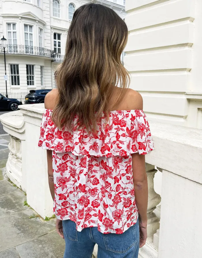 Women White and Red Floral Print Off The Shoulder Bardot Top White Threadbare Blouses and Shirts Women White and Red Floral Print Off The Shoulder Bardot Top White Threadbare Blouses and Shirts