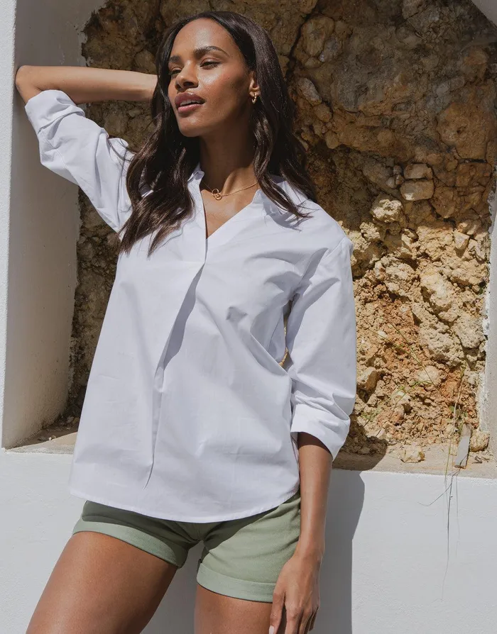Women White Cotton Poplin V Neck Open Collar Shirt White Threadbare Blouses and Shirts Women White Cotton Poplin V Neck Open Collar Shirt White Threadbare Blouses and Shirts