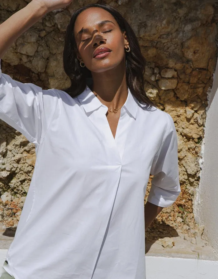 Women White Cotton Poplin V Neck Open Collar Shirt White Threadbare Blouses and Shirts Women White Cotton Poplin V Neck Open Collar Shirt White Threadbare Blouses and Shirts